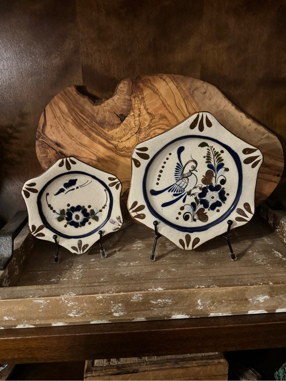 Mexican Tonala Pottery Hexagonal Decorative Plates - Blue, Brown, Green, Cream